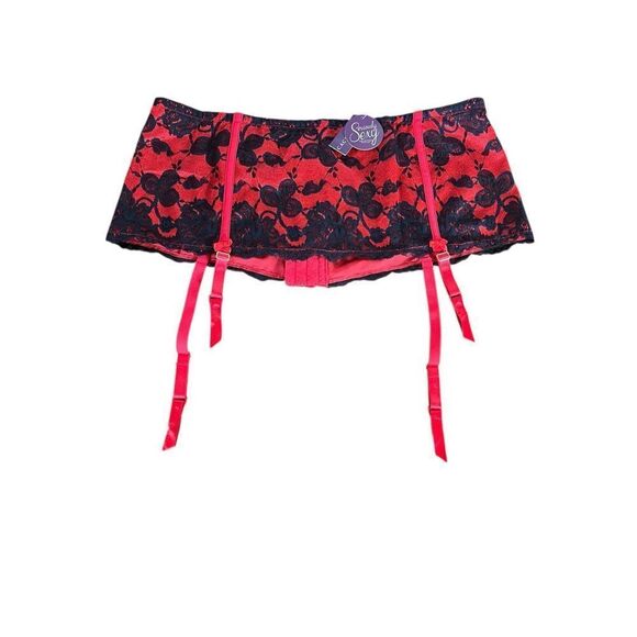 Cacique woman’s 18/20 red black lace overlay garter belt hook back pantyhose - Picture 1 of 8